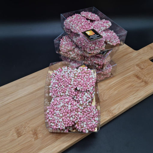 Afbeelding van Chocolade flikken met roze muisjes 200 gram